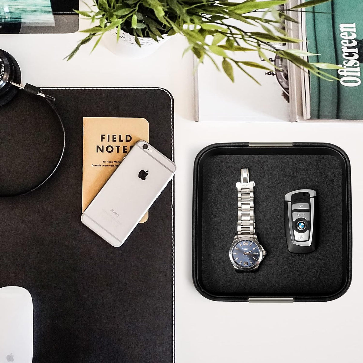 SANZIE Leather Tray Desktop Storage, Trinket Catchall Tray (Black)
