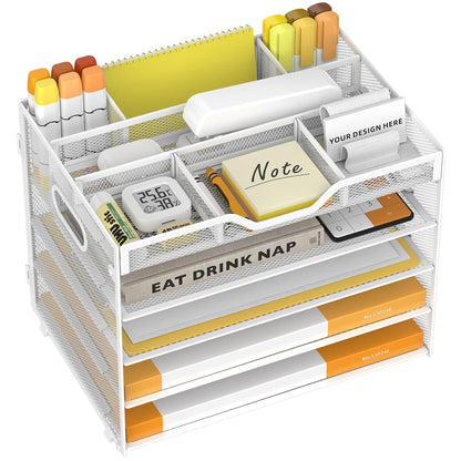 5 Tier Paper Letter Tray Desk Organizer with Pen Holders - Black