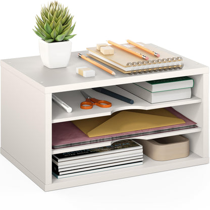 Ballucci File Organizer, 2-Tier Document Paper Sorter, Stackable Wood Desk Organizer Mail Holder, Monitor Stand with Storage Shelves, White