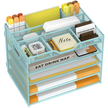 5 Tier Paper Letter Tray Desk Organizer with Pen Holders - Black