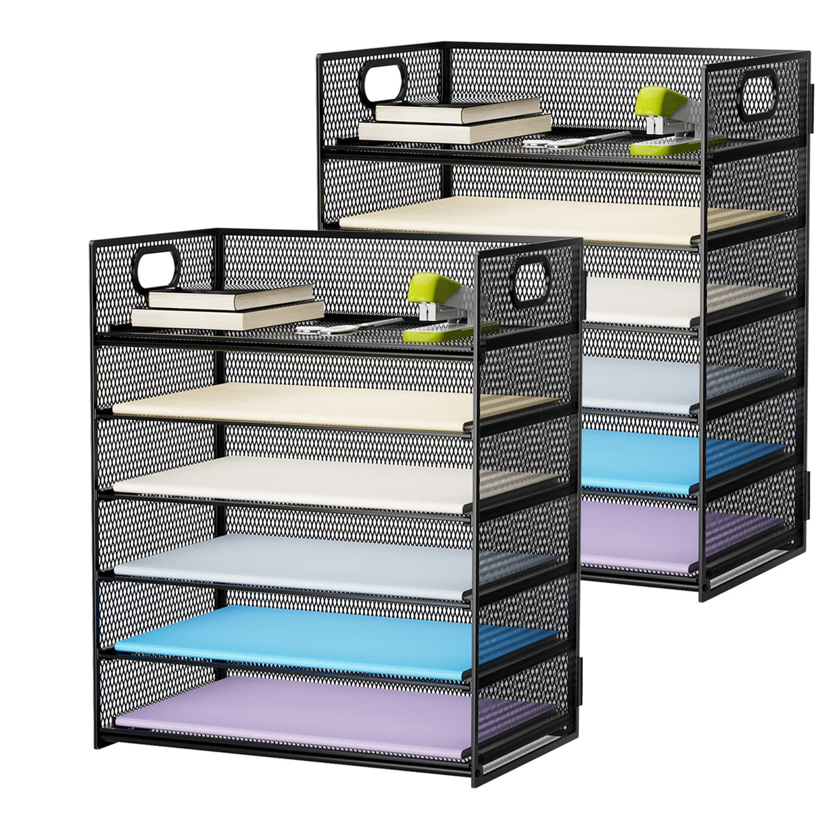 Marbrasse 6 Tier Paper Organizer Letter Tray - Mesh Desk File Organizer with Handle, Paper Sorter Organizer for Letter/A4 Office File Folder Holder - Black