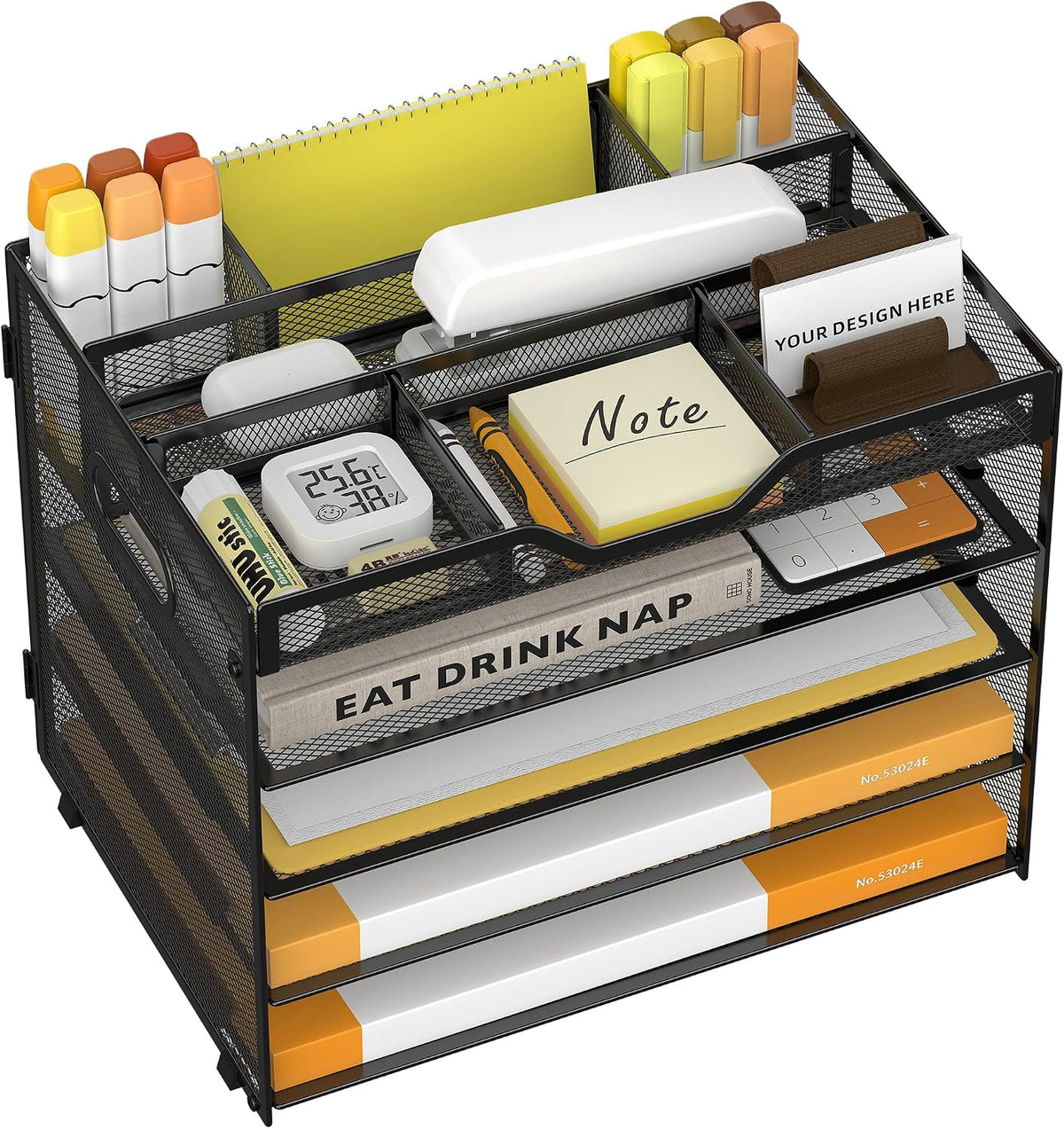 5 Tier Paper Letter Tray Desk Organizer with Pen Holders - Black