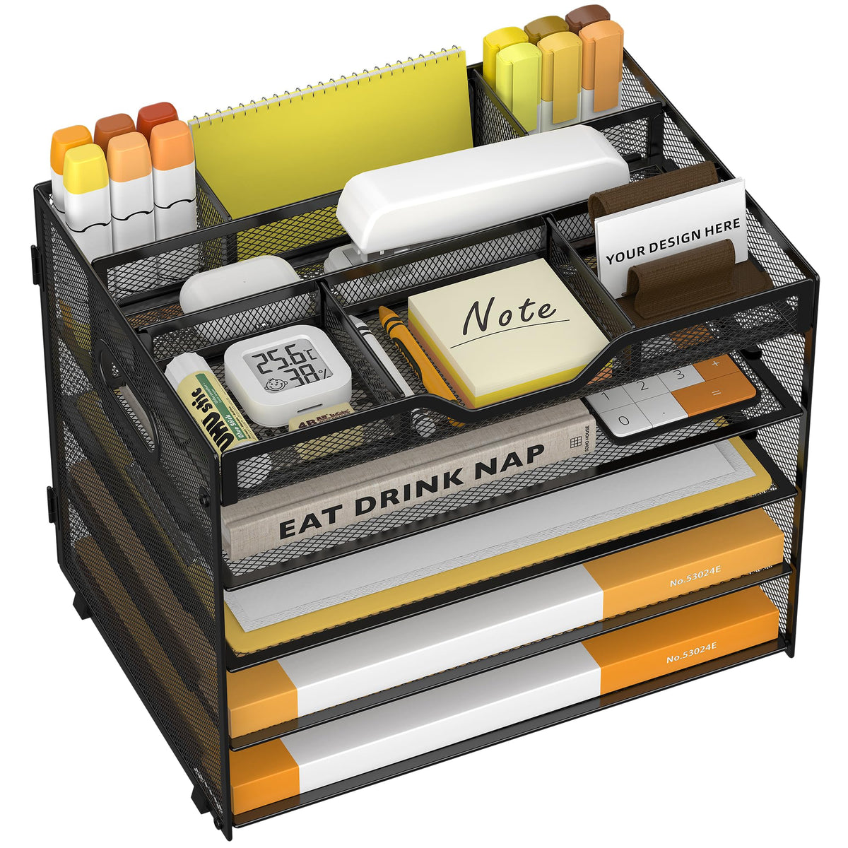5 Tier Paper Letter Tray Desk Organizer with Pen Holders - Black