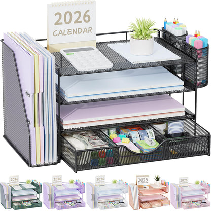 gianotter Desk Organizers and Accessories with File Holder, 4-Tier Desk Accessories & Workspace Organizers with Drawer and 2 Pen Holder, Paper Organizer for Office Supplies (Rose Gold)