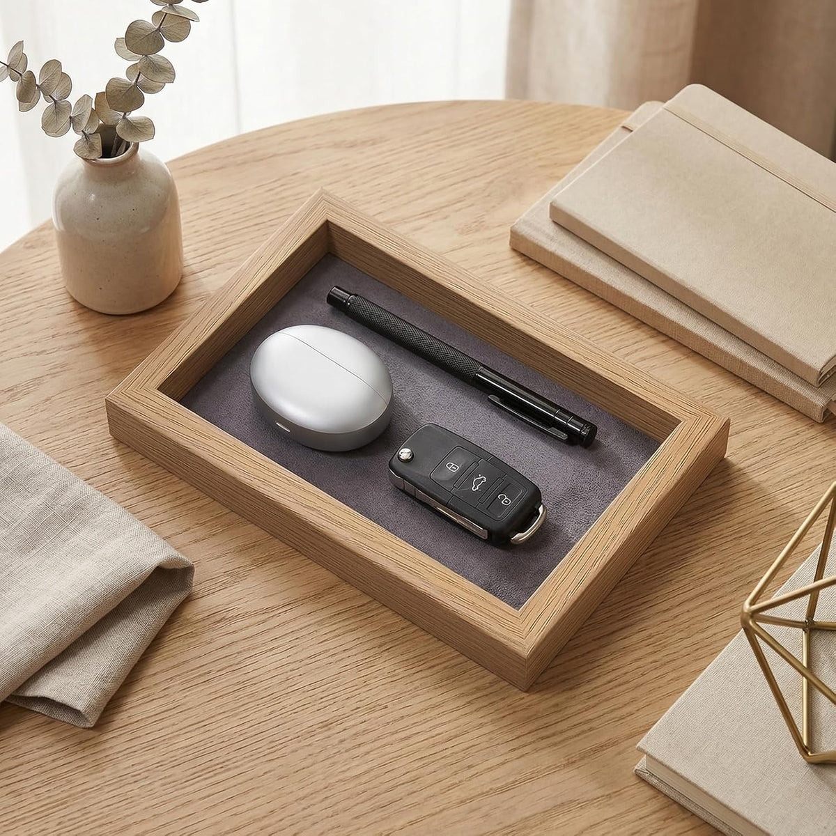 Wood Desk Organizer Tray, Felt Lined Wood Desk Tray Non Slip Letter Tray Display Wooden Inbox Desk Storage Tray for Pens Keys Watch Magazines Home and Office Workspace Organization Accessories