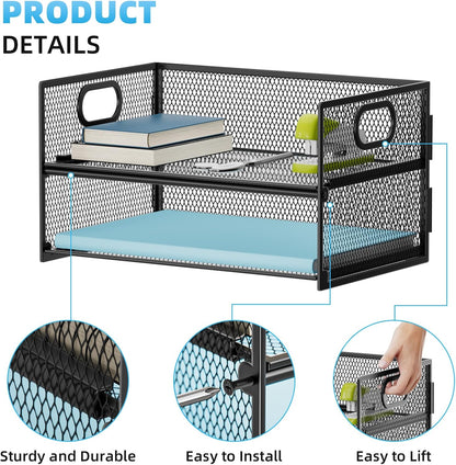 Marbrasse 2 Tier Paper Organizer Letter Tray, Mesh File Organizer with Handle, Paper Sorter Desk Organizer for Home Office Supplies - Black