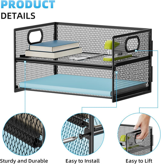 Marbrasse 2 Tier Paper Organizer Letter Tray, Mesh File Organizer with Handle, Paper Sorter Desk Organizer for Home Office Supplies - Black