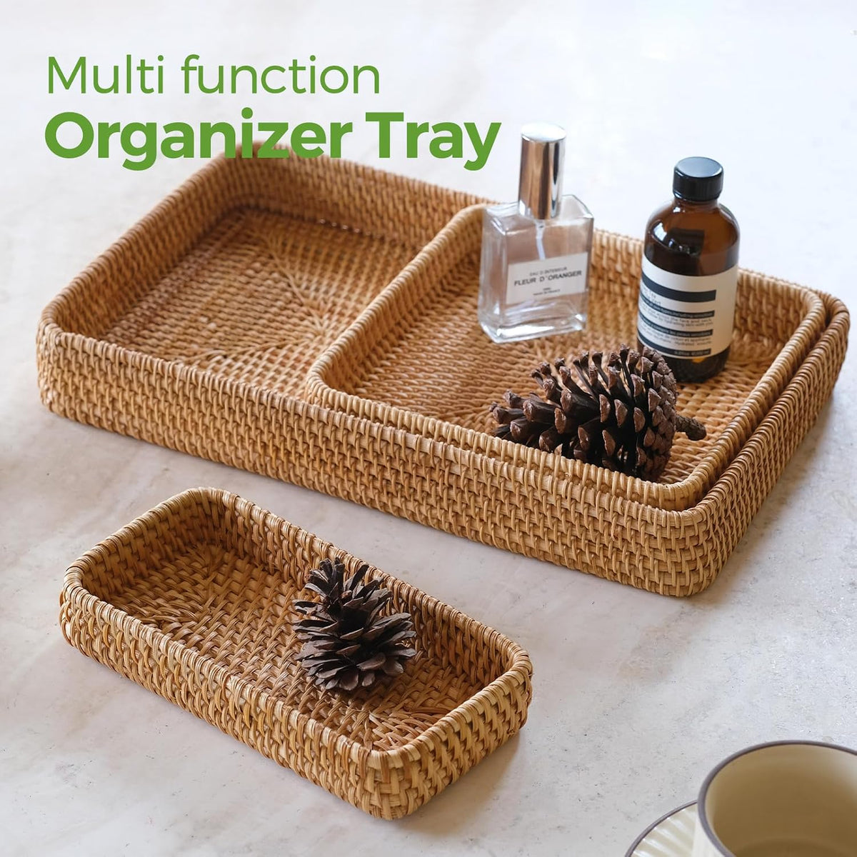 Rattan Serving Tray,Rectangle Wicker Storage Basket Set of 3 for Organizing