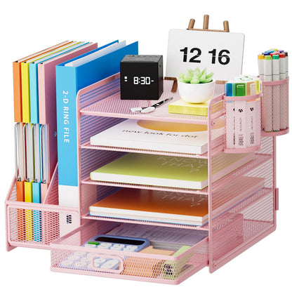 Marbrasse Desk Organizer with File Holder, 5-Tier Paper Letter Tray Organizer with Drawer and 2 Pen Holder, Mesh Desktop Organizer and Storage with Magazine Holder for Office Supplies(Black)