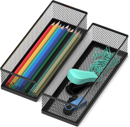 2 Pack Drawer Organizer for Desk, Small Office Supplies Pen Pencil holder, Metal Mesh Desktop Storage Trays for Office, Kitchen, Makeup, Vanity
