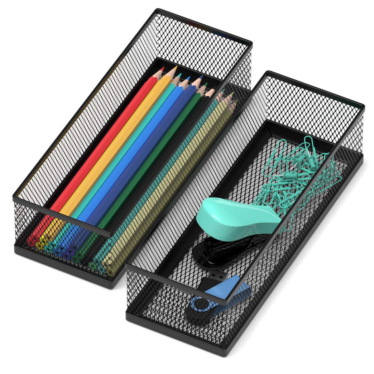 2 Pack Drawer Organizer for Desk, Small Office Supplies Pen Pencil holder, Metal Mesh Desktop Storage Trays for Office, Kitchen, Makeup, Vanity
