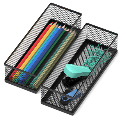 2 Pack Drawer Organizer for Desk, Small Office Supplies Pen Pencil holder, Metal Mesh Desktop Storage Trays for Office, Kitchen, Makeup, Vanity