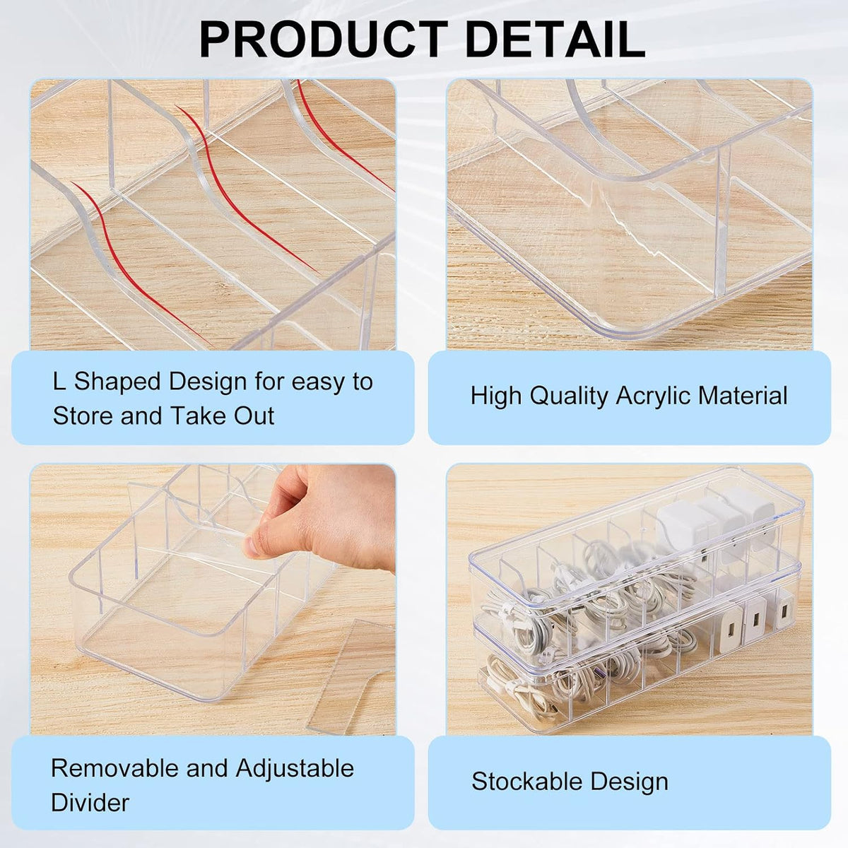 Tatuo Cord Organizer Box with Lid, Clear, 2 Pack