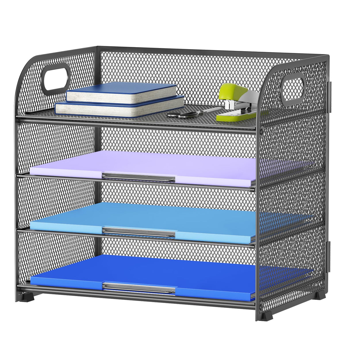 Marbrasse 4 Tier Paper Organizer Letter Tray - Mesh Desk File Organizer with Handle, Paper Sorter Organizer for Letter/A4 Office File Folder Holder (Black, 12.6" x 9.1" x 10.7")