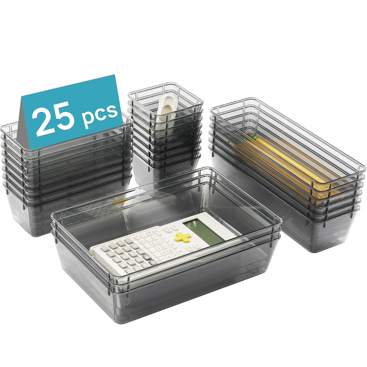 Vtopmart 72 PCS Clear Plastic Drawer Organizers Set, 4-Size Versatile Bathroom and Vanity Organizer Trays, Non-Slip Storage Containers for Makeup, Jewelries, Bedroom，Kitchen Utensils and Office