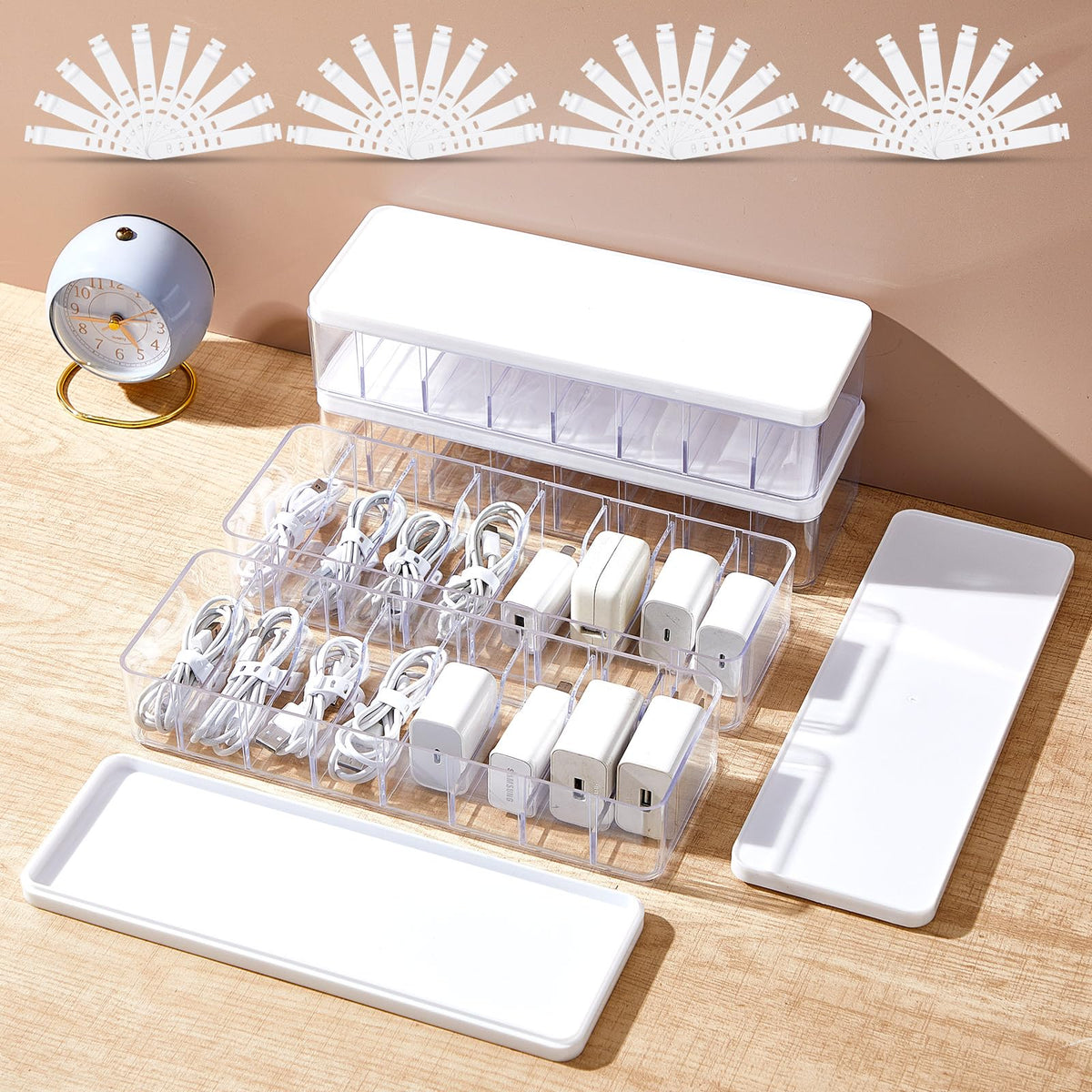 Tatuo Cord Organizer Box with Lid, Clear, 4 Pack