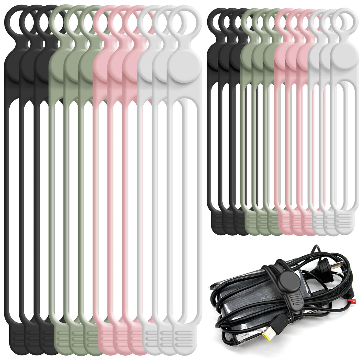 24Pcs Silicone Cable Ties, Cord Organizer Cable Management-Multi