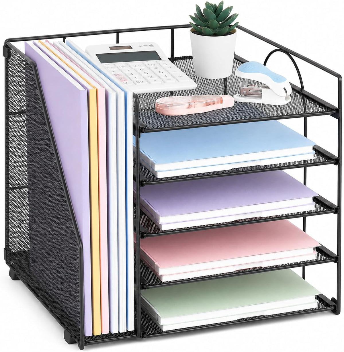 LEKETREE Desk Organizers and Accessories, 5-Tier Paper Letter Tray Organizer with File Holder, Desktop Organizer for Office Supplies (Black)