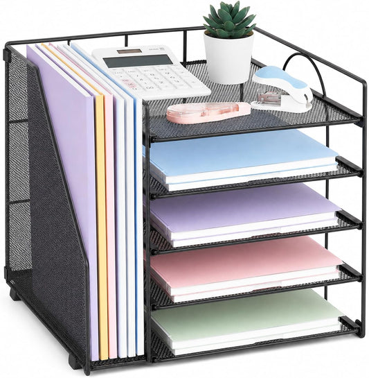 LEKETREE Desk Organizers and Accessories, 5-Tier Paper Letter Tray Organizer with File Holder, Desktop Organizer for Office Supplies (Black)