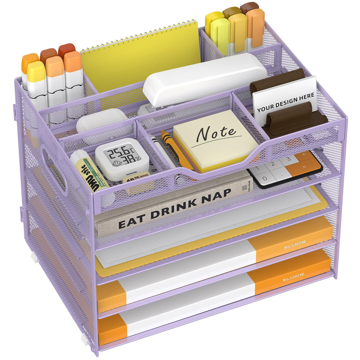 5 Tier Paper Letter Tray Desk Organizer with Pen Holders - Black