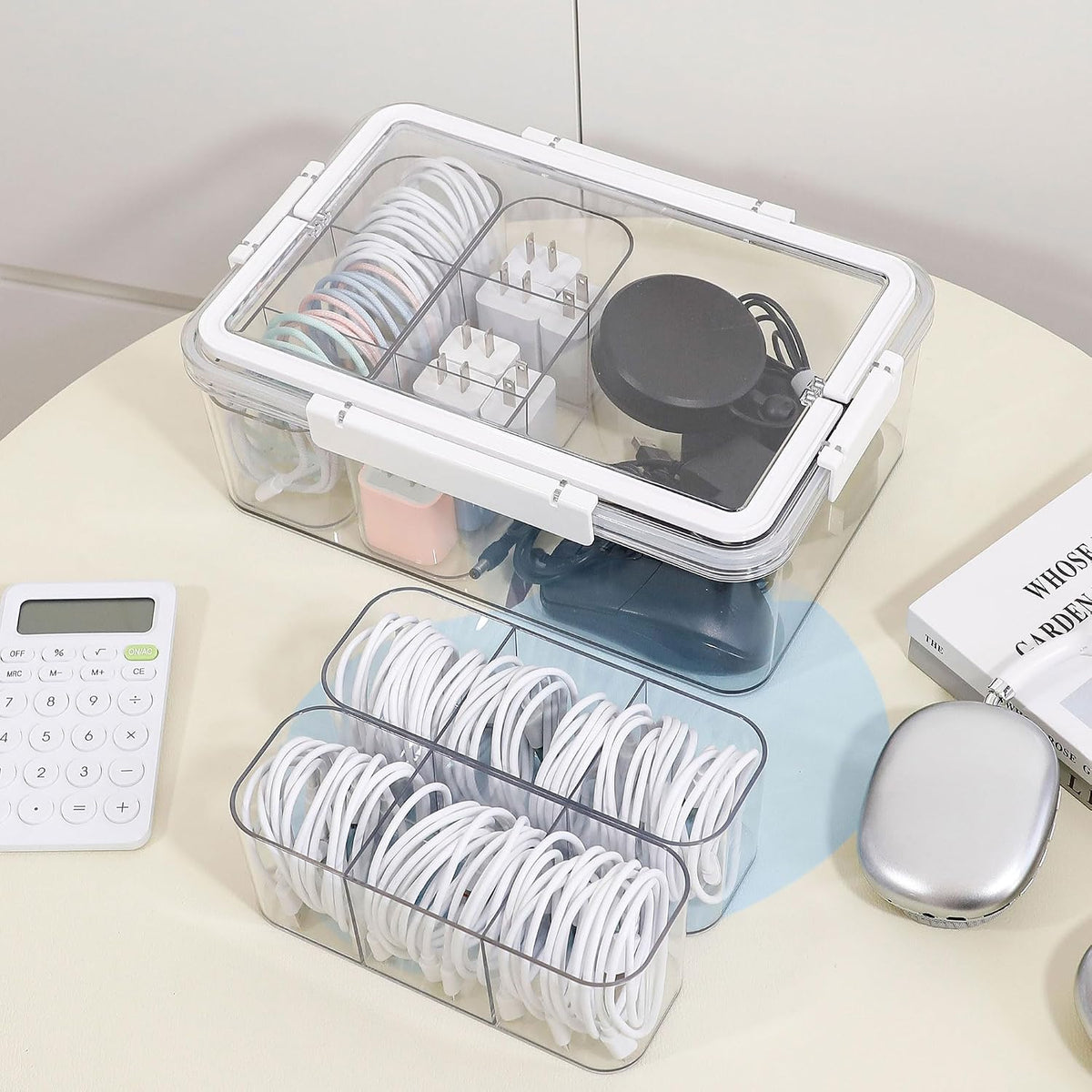Large Cable Storage Box with Lid and Handle, Clear
