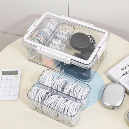 Large Cable Storage Box with Lid and Handle, Clear