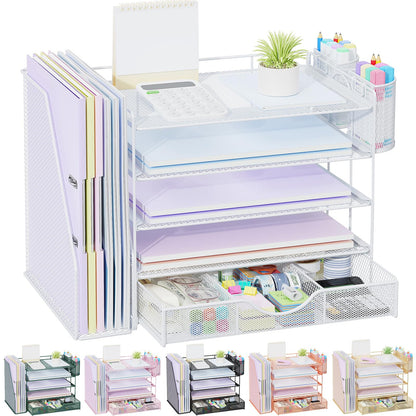 gianotter Desk Organizers and Accessories with File Holder, 4-Tier Desk Accessories & Workspace Organizers with Drawer and 2 Pen Holder, Paper Organizer for Office Supplies (Rose Gold)