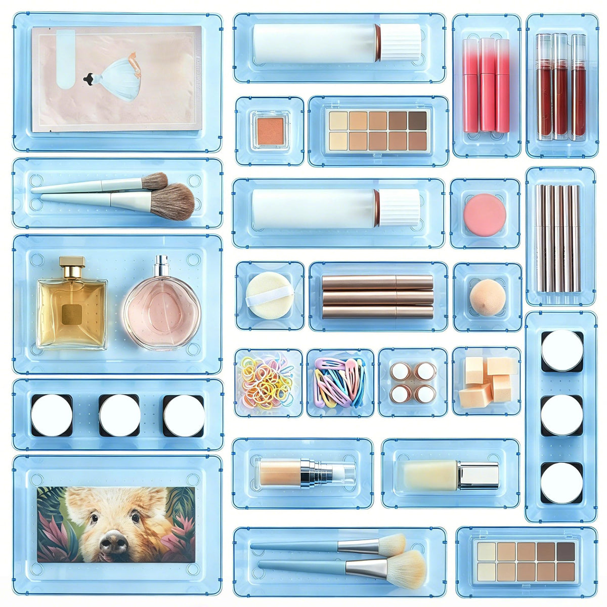 Vtopmart 72 PCS Clear Plastic Drawer Organizers Set, 4-Size Versatile Bathroom and Vanity Organizer Trays, Non-Slip Storage Containers for Makeup, Jewelries, Bedroom，Kitchen Utensils and Office