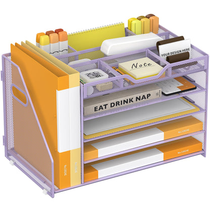 5 Tier Paper Letter Tray Desk Organizer with Pen Holders - Black