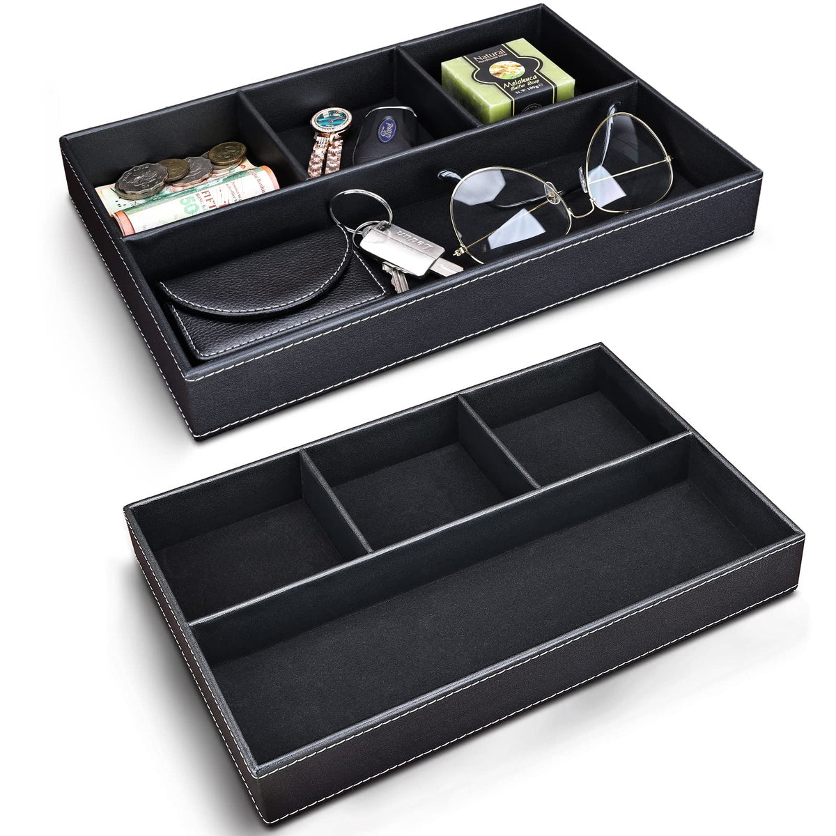 GORESE 2 Pieces Faux Leather Valet Tray for Men, Stackable Jewelry Organizer for Drawers, Nightstand Caddy Tray for Key, Wallet, Sunglass, Watch, Coin, Phone, Bedside Desk-top Storage Black