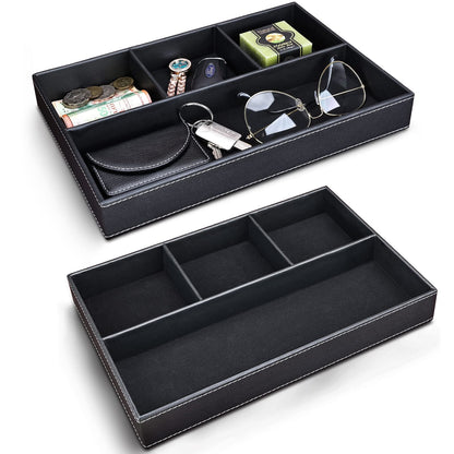 GORESE 2 Pieces Faux Leather Valet Tray for Men, Stackable Jewelry Organizer for Drawers, Nightstand Caddy Tray for Key, Wallet, Sunglass, Watch, Coin, Phone, Bedside Desk-top Storage Black