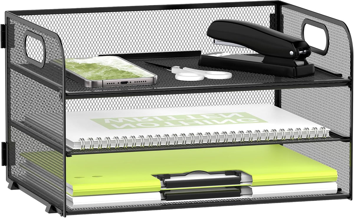 DALTACK 3 Tier Paper Organizer for Desk, Sliding Paper Trays, Black
