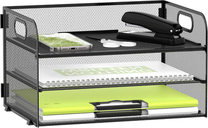 DALTACK 3 Tier Paper Organizer for Desk, Sliding Paper Trays, Black