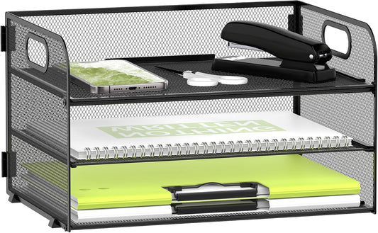 DALTACK 3 Tier Paper Organizer for Desk, Sliding Paper Trays, Black