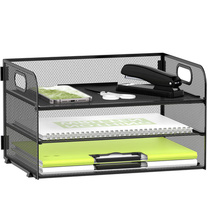 DALTACK 3 Tier Paper Organizer for Desk, Sliding Paper Trays, Black