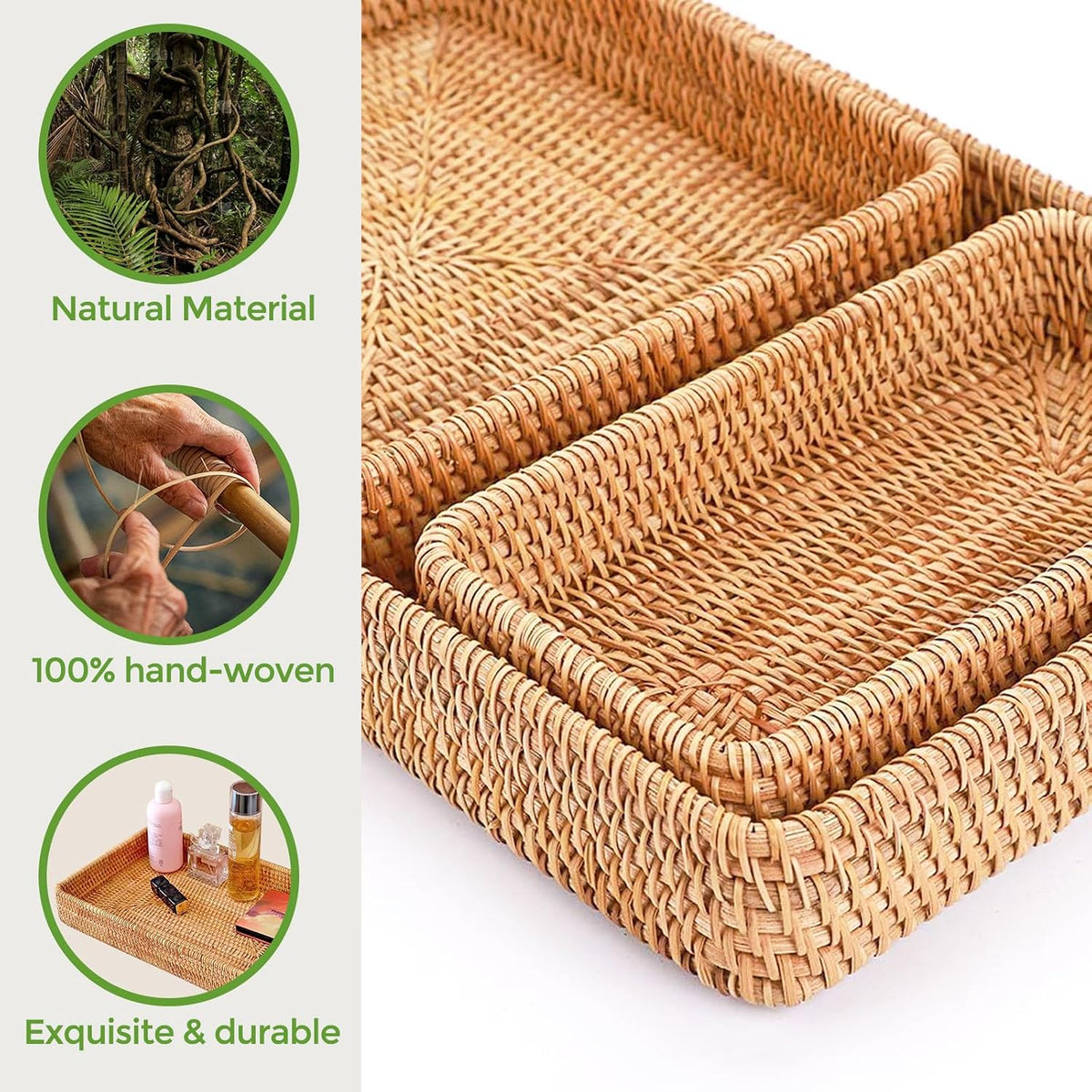 Rattan Serving Tray,Rectangle Wicker Storage Basket Set of 3 for Organizing