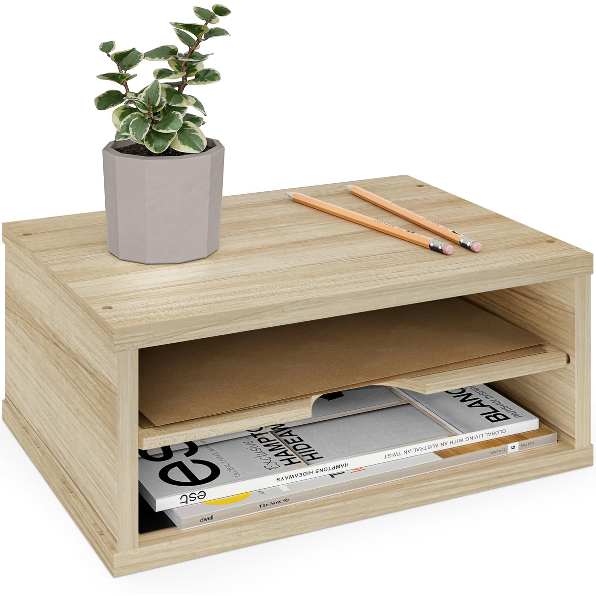 Ballucci File Organizer, 2-Tier Document Paper Sorter, Stackable Wood Desk Organizer Mail Holder, Monitor Stand with Storage Shelves, White