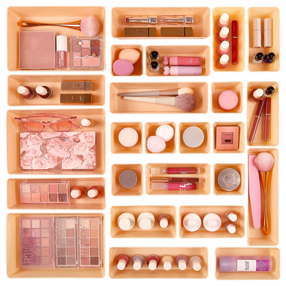 Vtopmart 72 PCS Clear Plastic Drawer Organizers Set, 4-Size Versatile Bathroom and Vanity Organizer Trays, Non-Slip Storage Containers for Makeup, Jewelries, Bedroom，Kitchen Utensils and Office