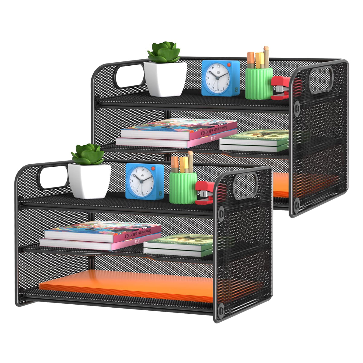 Samstar 3 Tier Letter Tray Paper Organizer with Handle, Mesh Desk Organizer Paper Sorter File Rack Shelves, Black