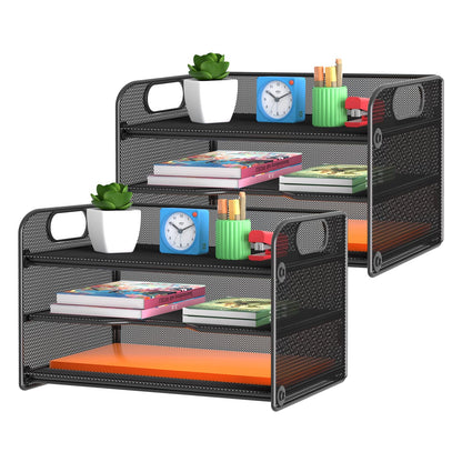 Samstar 3 Tier Letter Tray Paper Organizer with Handle, Mesh Desk Organizer Paper Sorter File Rack Shelves, Black