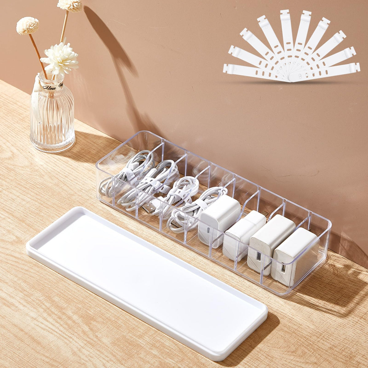 Tatuo Cord Organizer Box with Lid, Clear, 4 Pack