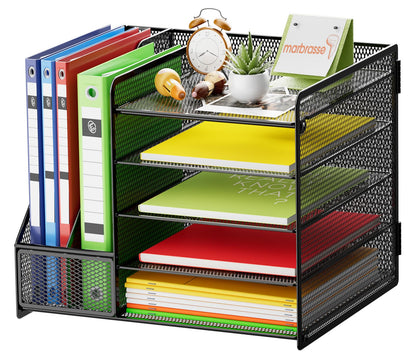 Marbrasse Desk Organizer with File Holder, 5-Tier Paper Letter Tray Organizer with Drawer and 2 Pen Holder, Mesh Desktop Organizer and Storage with Magazine Holder for Office Supplies(Black)