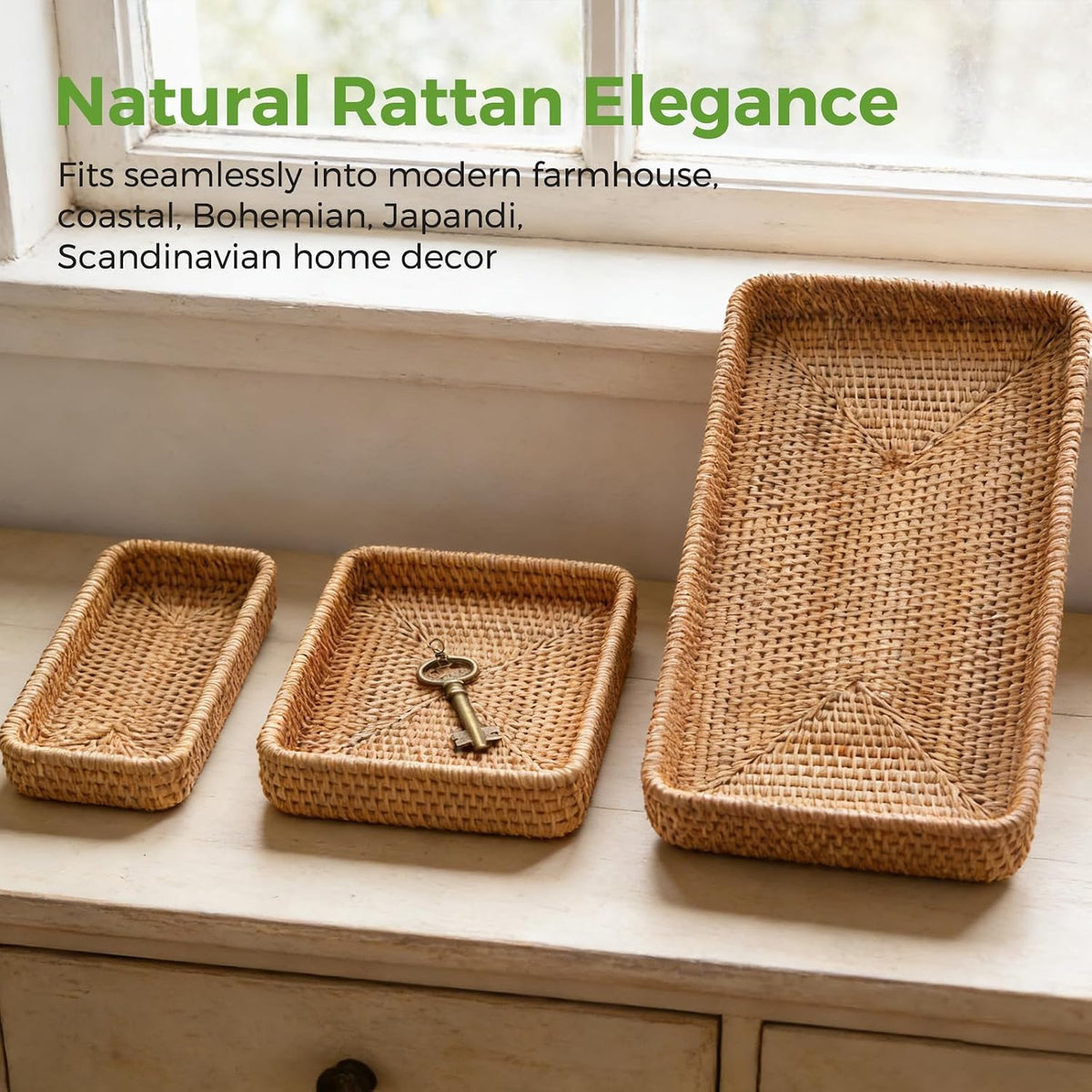 Rattan Serving Tray,Rectangle Wicker Storage Basket Set of 3 for Organizing