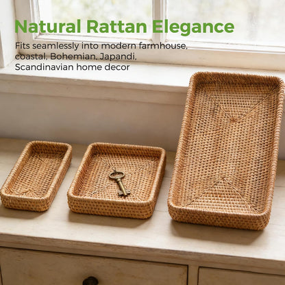 Rattan Serving Tray,Rectangle Wicker Storage Basket Set of 3 for Organizing