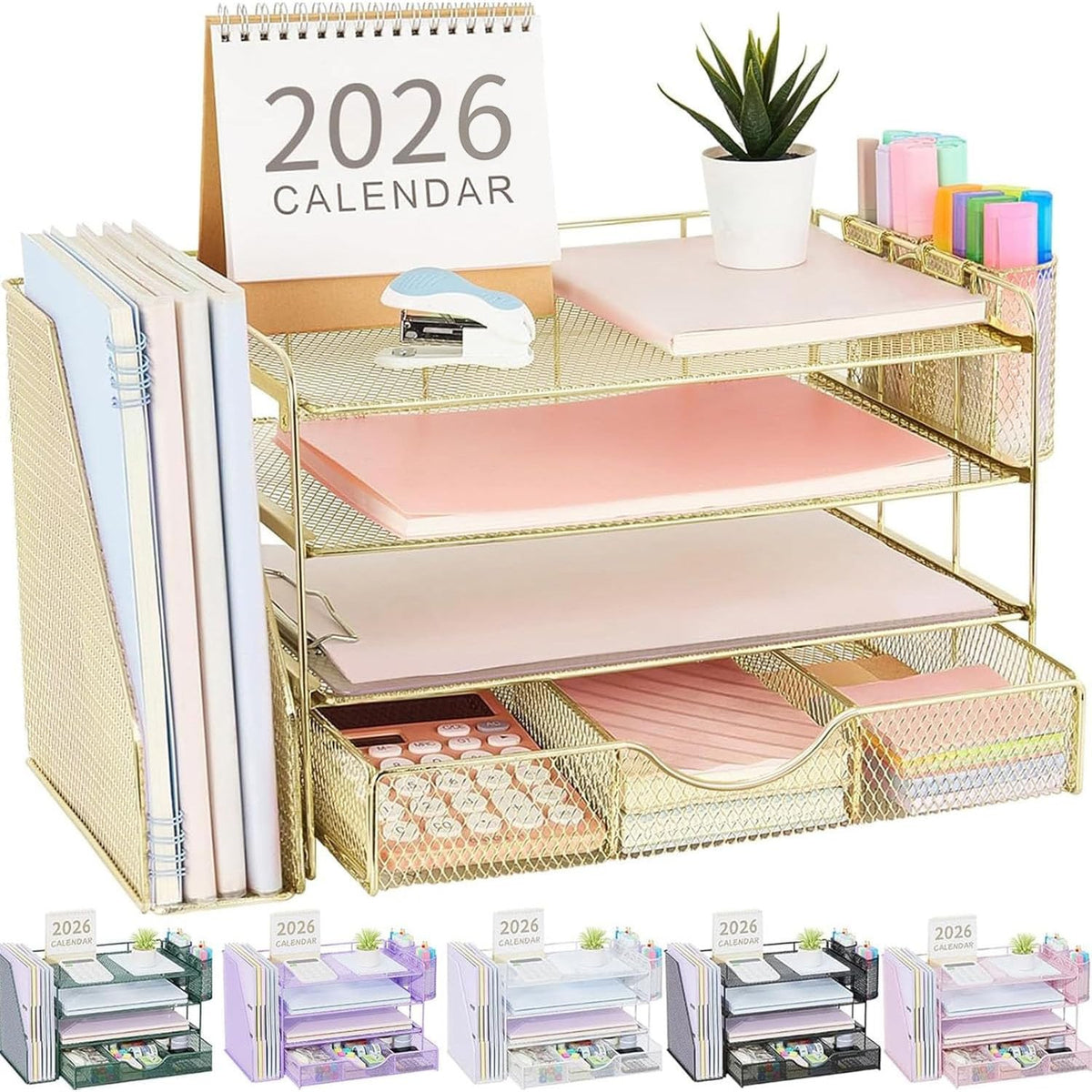 gianotter Desk Organizers and Accessories with File Holder, 4-Tier Desk Accessories & Workspace Organizers with Drawer and 2 Pen Holder, Paper Organizer for Office Supplies (Rose Gold)
