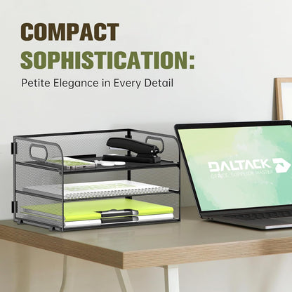DALTACK 3 Tier Paper Organizer for Desk, Sliding Paper Trays, Black