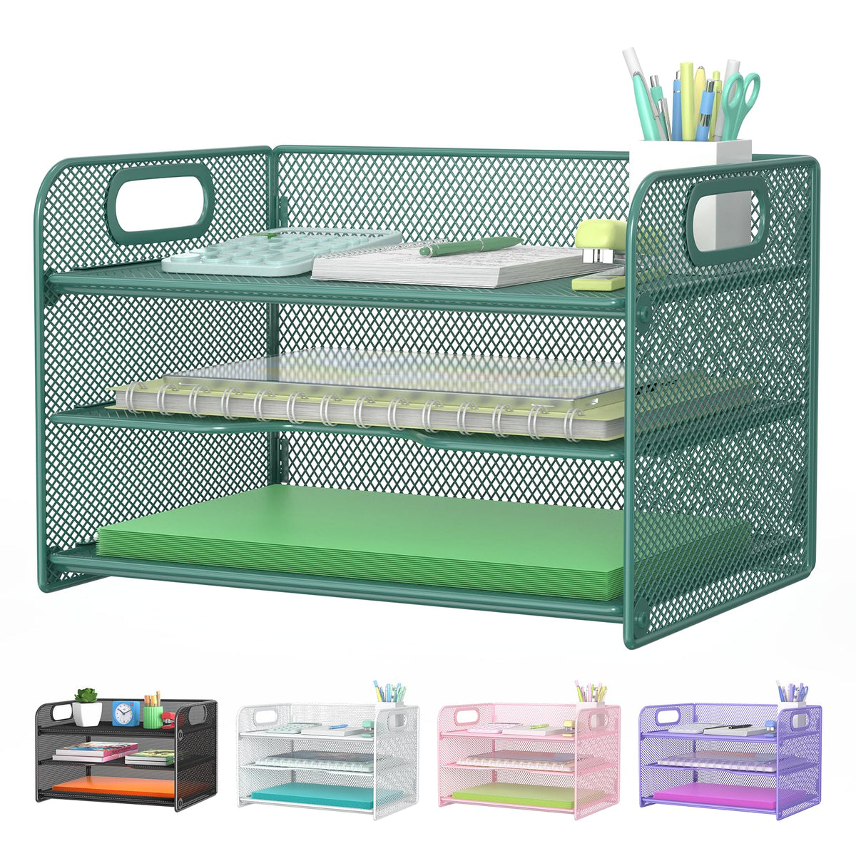 Samstar 3 Tier Letter Tray Paper Organizer with Handle, Mesh Desk Organizer Paper Sorter File Rack Shelves, Black