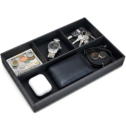 Leather Valet Organizer Nightstand & Dresser Storage Tray (Black)