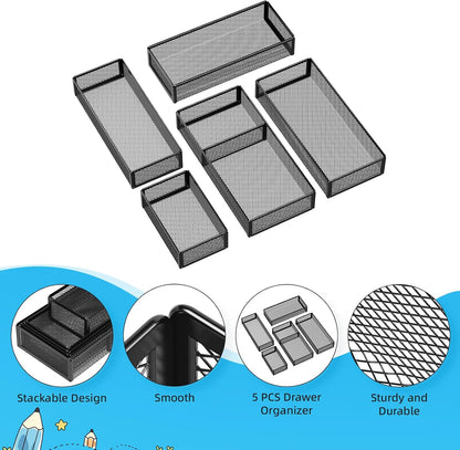 Marbrasse 5 Pack Desk Drawer Organizer Set, Mesh Drawer Storage Trays with 1 Adjustable Divider, Desk Organizers and Accessories, 5 PCS Drawer for Office Supplies, Makeup & Vanity (Black)