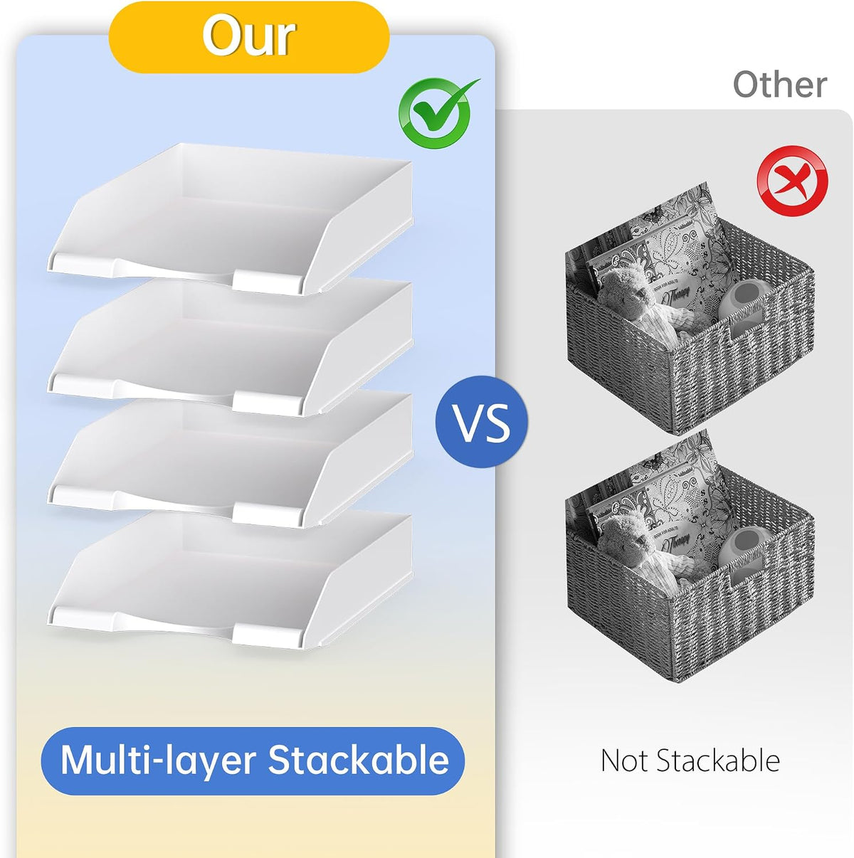 4 Pack Stackable Paper Trays for Letter Documents, Desktop File Organizers for Office Supplies, Stackable Desk Tray Holder for Paper Storage, White